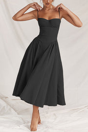 Solid Color Vintage Slim Fit Suspender Pocket Midi Dress