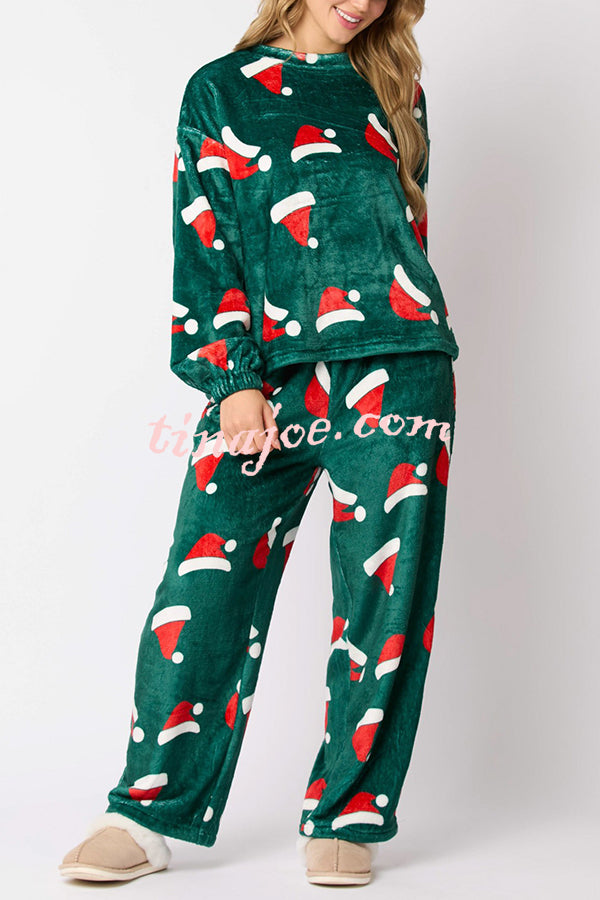 Christmas Printed Crew Neck Long Sleeve Top and Elastic Waist Loose Pants Set