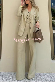 Solid Color Lapel Blazer + Slim Waistcoat and Pocket Wide-leg Pants Three-piece Set