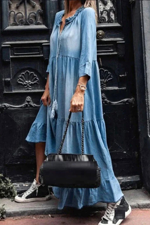 V Neck Long Sleeve Hem Denim Maxi Dress