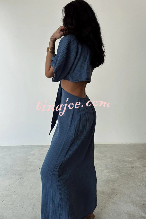 Linen Blend Slim-fitting Lace-up Hollow V-neck Maxi Dress