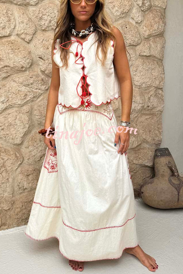 Sunny Day Linen Blend Contrast Embroidered Print Smocked Waist A-line Maxi Skirt