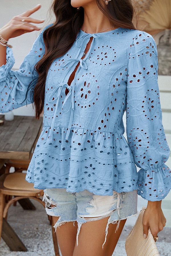 Solid Color Vacation Loose Lace-up Hollow Top