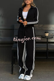 Fashionable Sports Style Striped Long-sleeved Jacket and Elastic Waist Casual Pants Set
