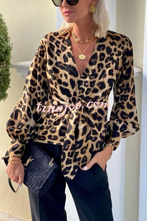 Janae Leopard Print Front Tie-up Lantern Sleeve Casual Blouse