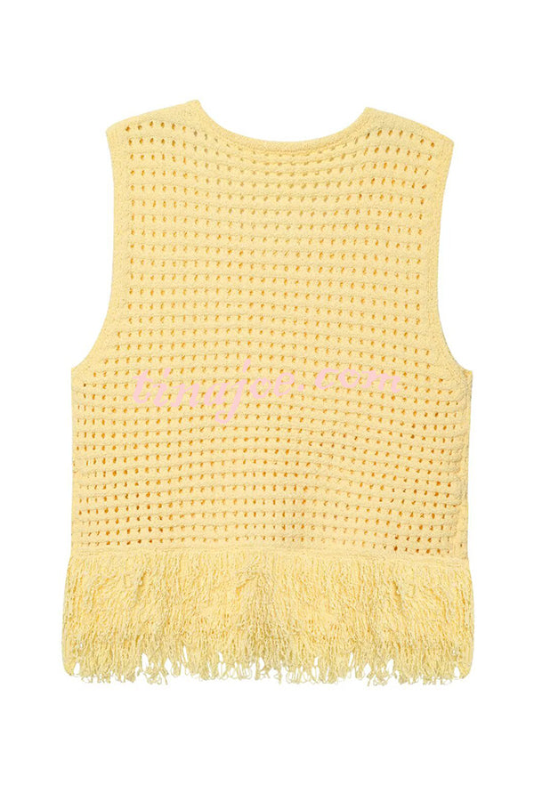 Solid Color Round Neck Sleeveless Hollow Tassel Loose Vest