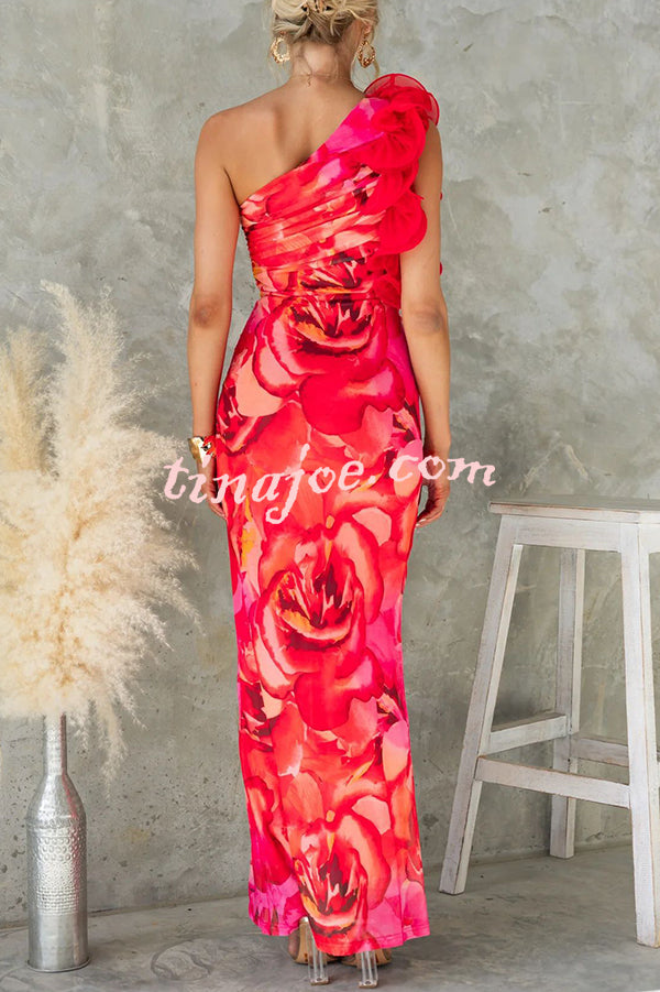 Floral Print Sleeveless 3D Flower One Shoulder Slim Maxi Dress