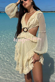 Alina Hollow Mesh Balloon Sleeve Tassle Trim Backless Vacation Mini Dress