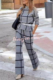 Fashionable Plaid Turtleneck Long Sleeve Top and Elastic Waist Tie Pocket Pants Set