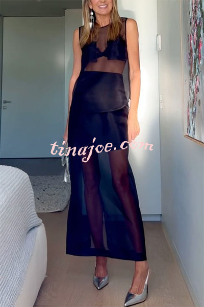 Embraces Modern Sheer Organza Pocket Oversized Tank and High Rise Slit Midi Skirt Set