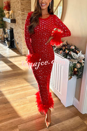 Sexy Long Sleeve Round Neck Feather Edge Rhinestone Decoration Slim Fit Maxi Dress