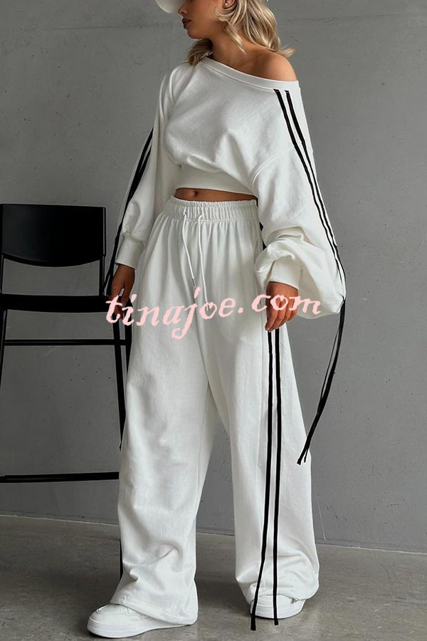 Contrast Color Webbing Casual Sweatshirt and Elastic Waist Tie Loose Pants Set