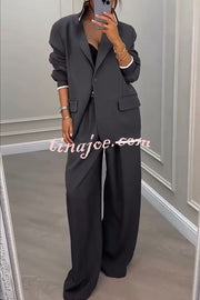 Fashion Sports Style Ribbed Colorblock Lapel Blazer and Elastic Waist Pocket Loose Pants Set