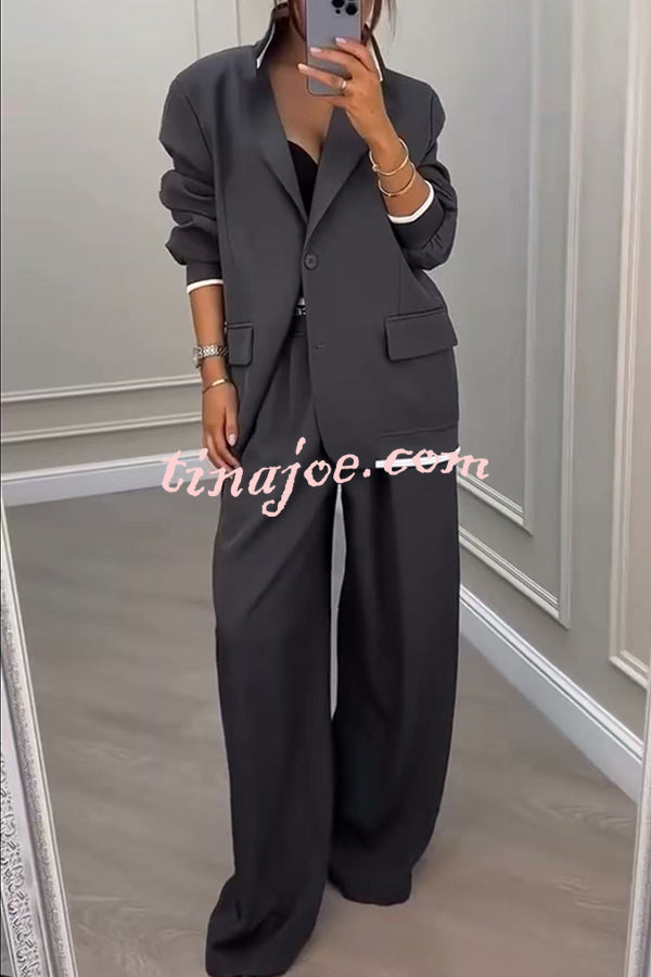 Fashion Sports Style Ribbed Colorblock Lapel Blazer and Elastic Waist Pocket Loose Pants Set