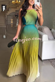 Fashionable Backless Tie Elegant Gradient Pleated Maxi Dress