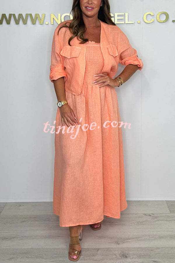 Solid Color Casual Short Jacket and Suspender Pleated Maxi Dress Set