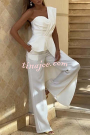 Amena One Shoulder Sweetheart Neck Ruffle Hem Top and Elastic Waist Pocket Wide Leg Pants Set