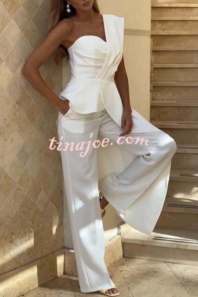 Amena One Shoulder Sweetheart Neck Ruffle Hem Top and Elastic Waist Pocket Wide Leg Pants Set