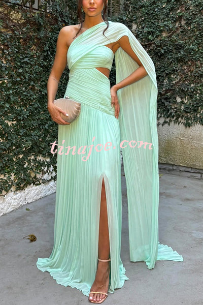 Forest Muse Chiffon Pleated Off Shoulder Cutout Waist Cape Maxi Dress