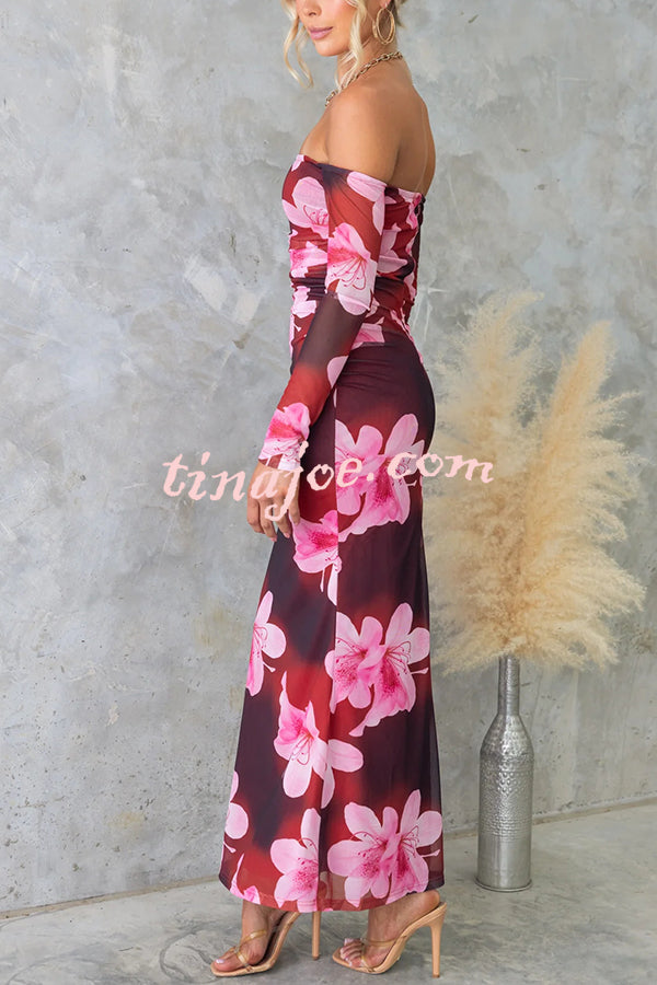Floral Fantasy Mesh Off Shoulder Long Sleeve Stretch Maxi Dress