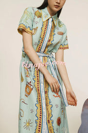 Deep Sea Dreaming Linen Blend Unique Print Short Sleeve Tie-up Shirt Maxi Dress