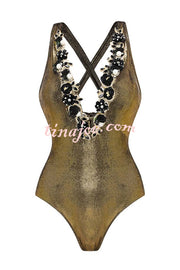 Solid Color Shiny Fabric Deep V Metal Embellished Stretch One-piece Swimsuit