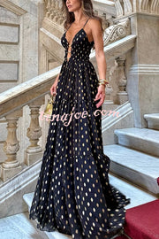 Charming View Chiffon Gold Polka Dot Print Cutout Lightweight Maxi Dress