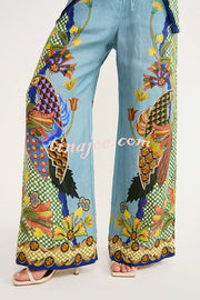 Smyrna Unique Heaven Bird Print Elastic Waist Pocketed Wide Leg Pants