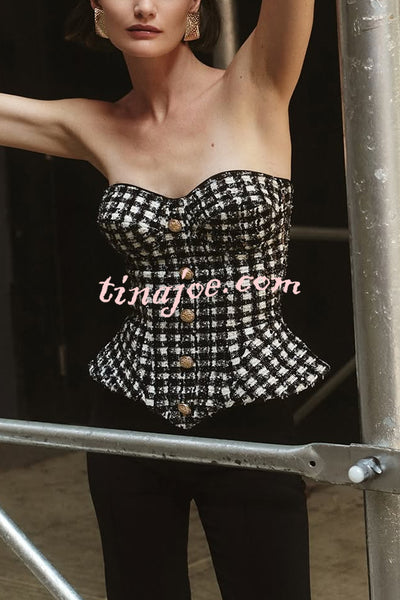 Maya Check Bouclé-tweed Fabric Sweetheart Neck Gold Button Strapless Tank