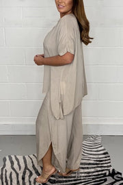 Solid Color Round Neck Short-sleeved Loose Top and Elastic Waist Casual Pants Set