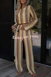 Tamia Knit Colorful Wave Unique Print Crop Top and Stretch Wide Leg Pants Set