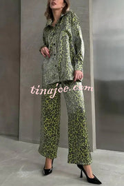 Leopard Print Long-sleeved Casual Top and Loose Elastic Waist Tie Pants Set