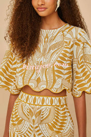 Korra Linen Blend Unique Print Wave Trim Bell Sleeve Top and Elastic Waist Pocket Midi Skirt Set