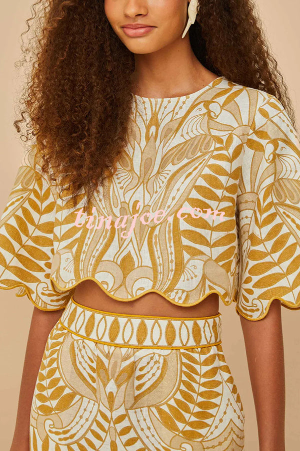Korra Linen Blend Unique Print Wave Trim Bell Sleeve Top and Elastic Waist Pocket Midi Skirt Set