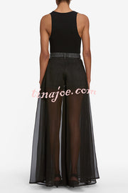 Avant-garde Fashion Denim Flowing Organza Patchwork Pocketed Wide Leg Jeans
