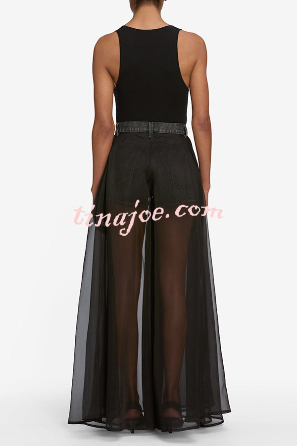 Avant-garde Fashion Denim Flowing Organza Patchwork Pocketed Wide Leg Jeans