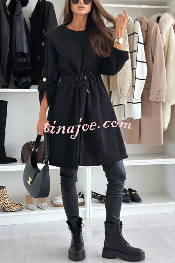 Effortless and Warm Textured Fabric Drawstring Waist Pocket Hooded Midi Coat