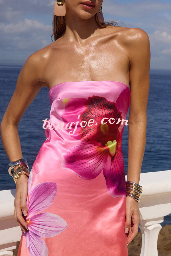 Floral Print Sexy Strapless Backless Holiday Maxi Dress