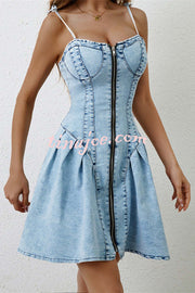 Fashionable Patchwork Suspender Zipper Slim Denim Mini Dress