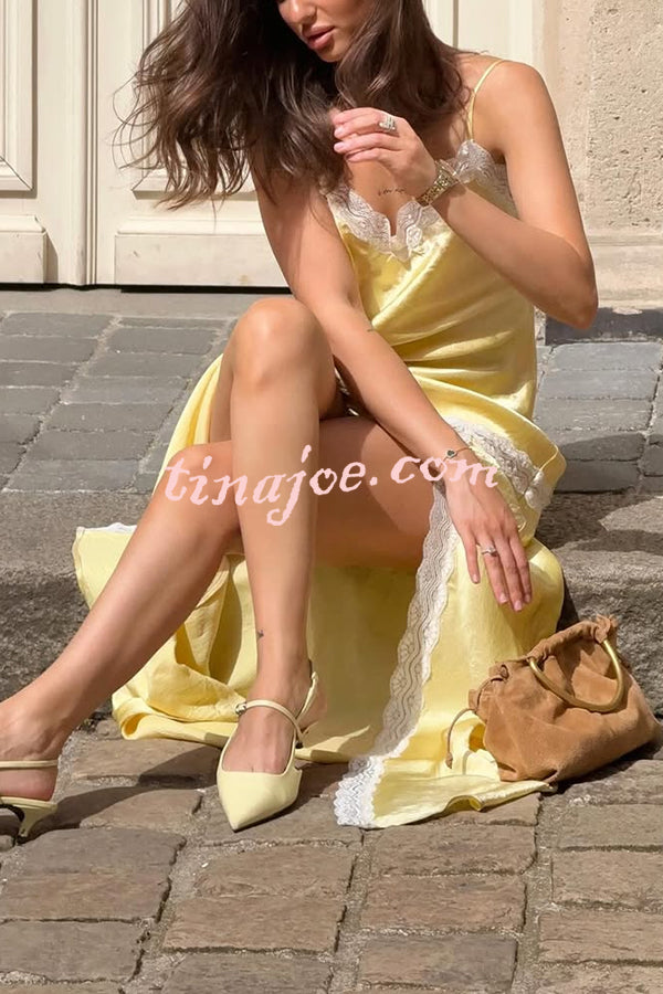Sweet Trend Satin Lace Trim V-neck Slit Slip Maxi Dress