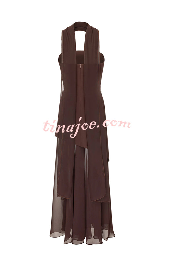 Monaco Off Shoulder Structured Top Chiffon Slit Hem Scarf Maxi Dress