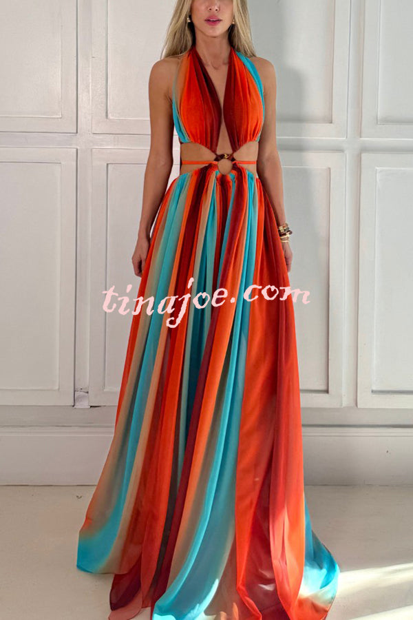 Variety of Styles Tulle Printed Ring Hollow Design Slit Vacation Maxi Dress