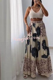 Unique Print Elastic High Waist Tie Pocket Holiday Style Wide Leg Pants