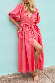 Valentine's Day Gold Heart Print Puff Sleeve Button Pocketed Loose Maxi Dress