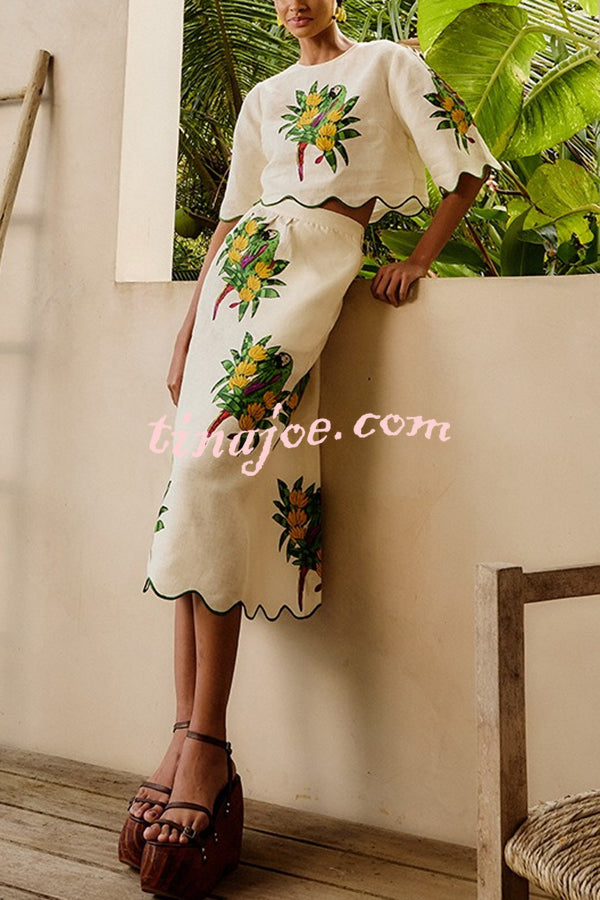 Parrot Print Round Neck Loose Crop Top and Elastic Waist Pocket Casual Midi Skirt Set