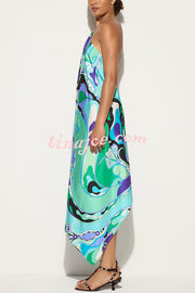 Elmhurst Satin Unique Print Chain Halter Draped Scarf Midi Dress