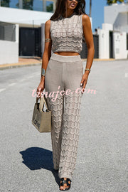 Solid Color Hollow Sleeveless Round Neck Knitted Vest and Stretch Casual Straight Pants Set