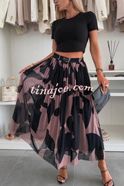 Colorblock Print Elastic Waist Relaxed Tulle Maxi Skirt