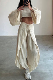 Ideal for Holidays Linen Blend Crop Top and Elastic Waist Tie-up Ruffle Pants Set