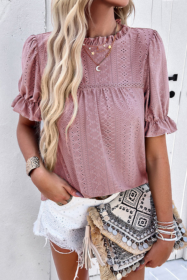 Solid Color Short Sleeved Patchwork Hollow Pleated Shirt